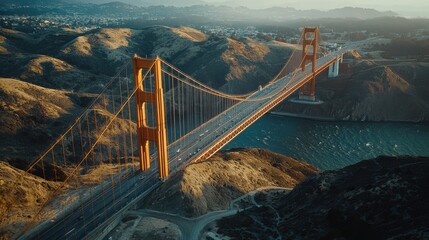 Bridge architectural contrast overhead view suspension cable engineering orange steel towers natural terrain fog landscape
