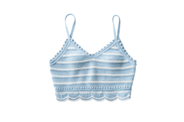 Light blue knitted camisole bra top with horizontal stripes and scalloped hem edges, isolated on a transparent background