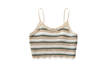 Cream knitted camisole with multicolored horizontal stripes in green white and beige tones, isolated on a transparent background