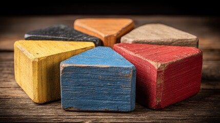 Colorful wooden block arrangement representing sustainable market share and visual data analysis techniques