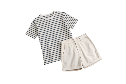 Casual navy striped cotton t-shirt paired with neutral beige tailored shorts for summer, isolated on a transparent background