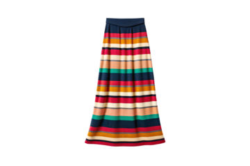 Long colorful striped maxi skirt with fold-over waistband in vibrant rainbow colors, isolated on a transparent background