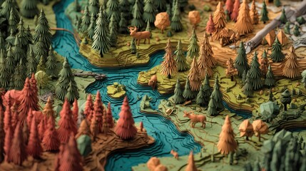3D Map of Forest Biome with Trees, Rivers, and Wildlife Details