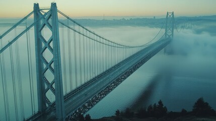 Misty bridge morning historic American suspension bridge structural elements natural background atmospheric fog engineering architecture