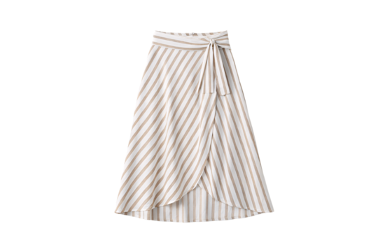 Beige white striped wrap midi skirt with tie closure and asymmetrical hemline, isolated on a transparent background