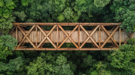 Bridge structural symmetry covered wooden truss aerial view geometric diamond patterns identical timber framework forest background