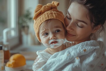 Mother holding a crying toddler indoors in the kitchen, highlighting the comforting role of parents during moments of distress, Generative AI