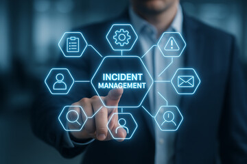 Incident management process business technology concept. Businessman using laptop with incident management icon on virtual screen. diagnosing and resolving unexpected problems that occur.