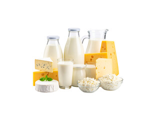 Fresh milk, cheese and other dairy products isolated on white background