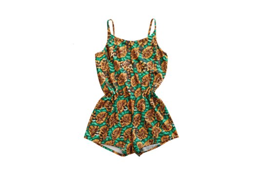 Vibrant tropical print romper with green background featuring orange shell motifs and thin adjustable straps, isolated on a transparent background