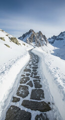 Stone path leads to snowy mountain peak under a clear blue sky