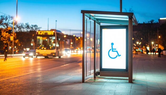 Accessibility Stop at Dusk: Illuminated sign showcases an accessibility symbol, highlighting inclusivity at a bus stop, with a bus and cityscape in the background.