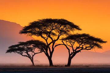 Acacia trees at sunrise in the African savanna