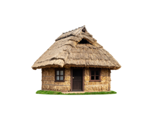 Small, old residential wooden house with a red roof and window, isolated on a white background