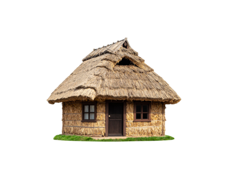 Small, old residential wooden house with a red roof and window, isolated on a white background