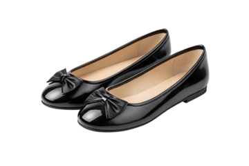 Black patent leather ballet flats with bow accent viewed from different angle, isolated on a transparent background