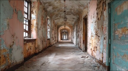 Fototapeta premium Abandoned Asylum Hallway with Peeling Walls and Decaying Details