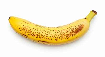 A ripe banana with brown speckles, isolated on a clean white background. This image is perfect for themes of healthy eating, food science, tropical fruits, and the natural ripening process.


