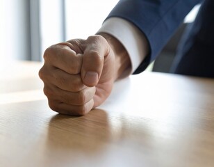  tight, detailed shot focusing on a person's hand, clenched into a white-knuckled fist on a wooden table.