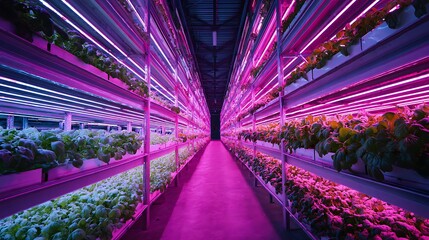 Vibrant vertical farm bathed in pink and blue grow lights showcasing lush, healthy produce on multiple levels.