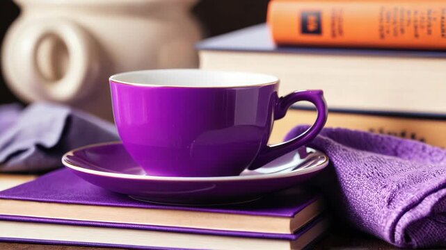 A cup and saucer sit atop a stack of books, ideal for displaying with reading-related content