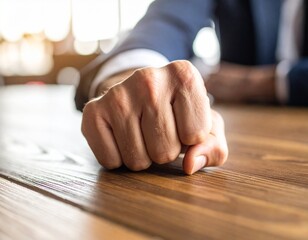  tight, detailed shot focusing on a person's hand, clenched into a white-knuckled fist on a wooden table.