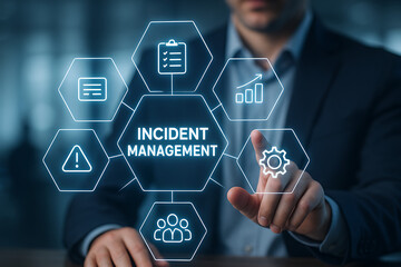 Incident management process business technology concept. Businessman using laptop with incident management icon on virtual screen. diagnosing and resolving unexpected problems that occur.