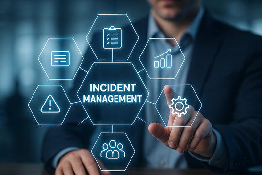 Incident management process business technology concept. Businessman using laptop with incident management icon on virtual screen. diagnosing and resolving unexpected problems that occur.