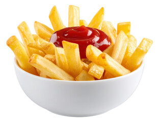 A portion of French fries with ketchup, in a bowl or dish isolated on white and transparent background.