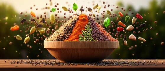 Assorted spices and herbs flying in the air over a wooden bowl on a blurred outdoor background