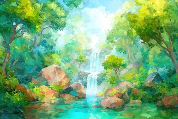 Lush waterfall cascading through a vibrant forest landscape.