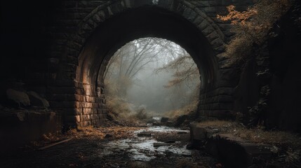 Obraz premium Abandoned Tunnel Surrounded by Mist and Fall Foliage in Nature