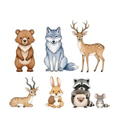 Cute forest animals bear, wolf, deer, gazelle, rabbit isolated on white background