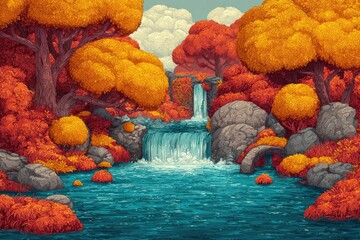 Autumnal waterfall cascading through a serene woodland.