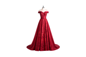 Burgundy off-shoulder evening gown with intricate lace overlay, fitted bodice and dramatic floor-length train silhouette, isolated on a transparent background