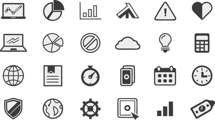 Collection of minimalist black and white business and finance icons technology data
