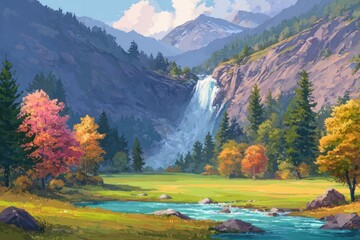 A picturesque autumn landscape with a waterfall cascading down a mountainside.