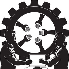 Silhouette of two men with a computer and hands holding grids inside a gear on a white background