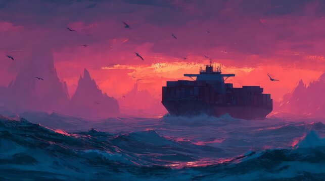 Pixelated Ship At Sunset On A Rocky Ocean With Dramatic Clouds - Powered by Adobe