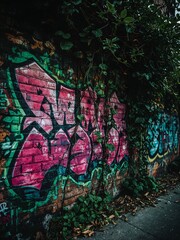Obraz premium A brick wall covered in colorful graffiti art with vines and leaves growing over it on a street side view