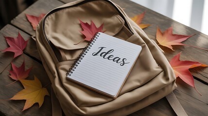 Autumn backpack with notebook and ideas
