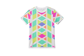 Colorful geometric t-shirt with bright triangular pattern, white base, neon pink green blue shapes, isolated on a transparent background