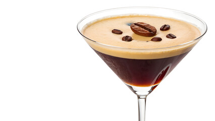Elegant Espresso Martini cocktail in a classic martini glass, isolated on a transparent background. The drink features a rich dark brown color with a velvety crema on top, garnished with three whole c