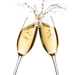 Champagne glasses toasting with Champagne splashing isolated on white and transparent background.