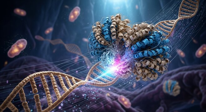 Close-up of a dynamic CRISPR-Cas9 protein complex precisely engaging with a DNA helix, glowing with energy during a revolutionary gene editing process.