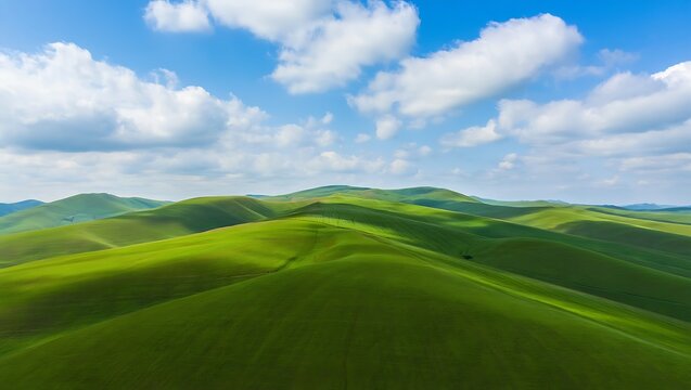 Vast green rolling hills under a blue sky with white clouds
