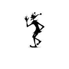 Obraz premium Minimalist Jester Silhouette Clip Art – Dancing Elf-like Character with Pointed Hat – Black Ink Drawing