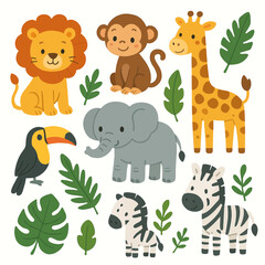 Fototapeta premium Cute Cartoon Safari and Jungle Animals Illustration Set