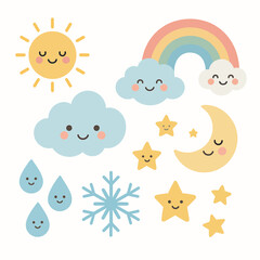 Fototapeta premium Cute Pastel Kawaii Weather and Celestial Elements Set
