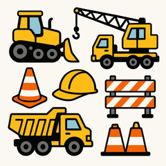 Set Ilustrasi Kendaraan Konstruksi dan Peralatan Keselamatan Pekerjaan Jalan